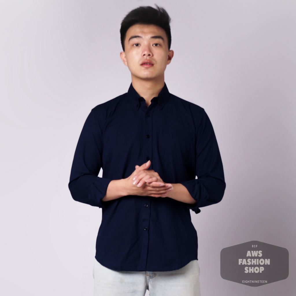 819 Kemeja Pria Lengan Panjang Polos Biru Navy Blue Oxford Basic SIMPLE Slimfit Casual Tersedia Ready Sampai Size JUMBO BIG SIZE XXL XXXL