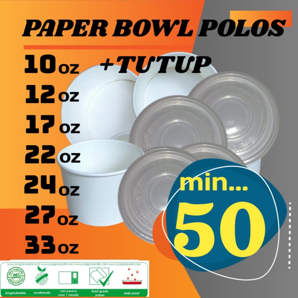 Paper Bowl Mangkok Mangkuk Polos Dan Plus + Tutup Lid  Wadah Tempat Makan Papper Cup Rice Bwol Plast