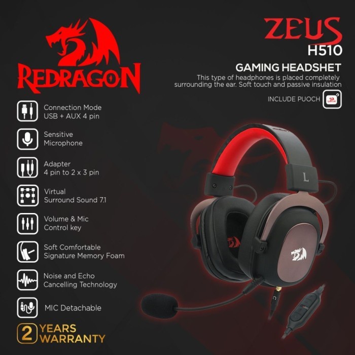 Redragon Headset gaming 7.1 with Microphone USB AUX ZEUS 2 - H510