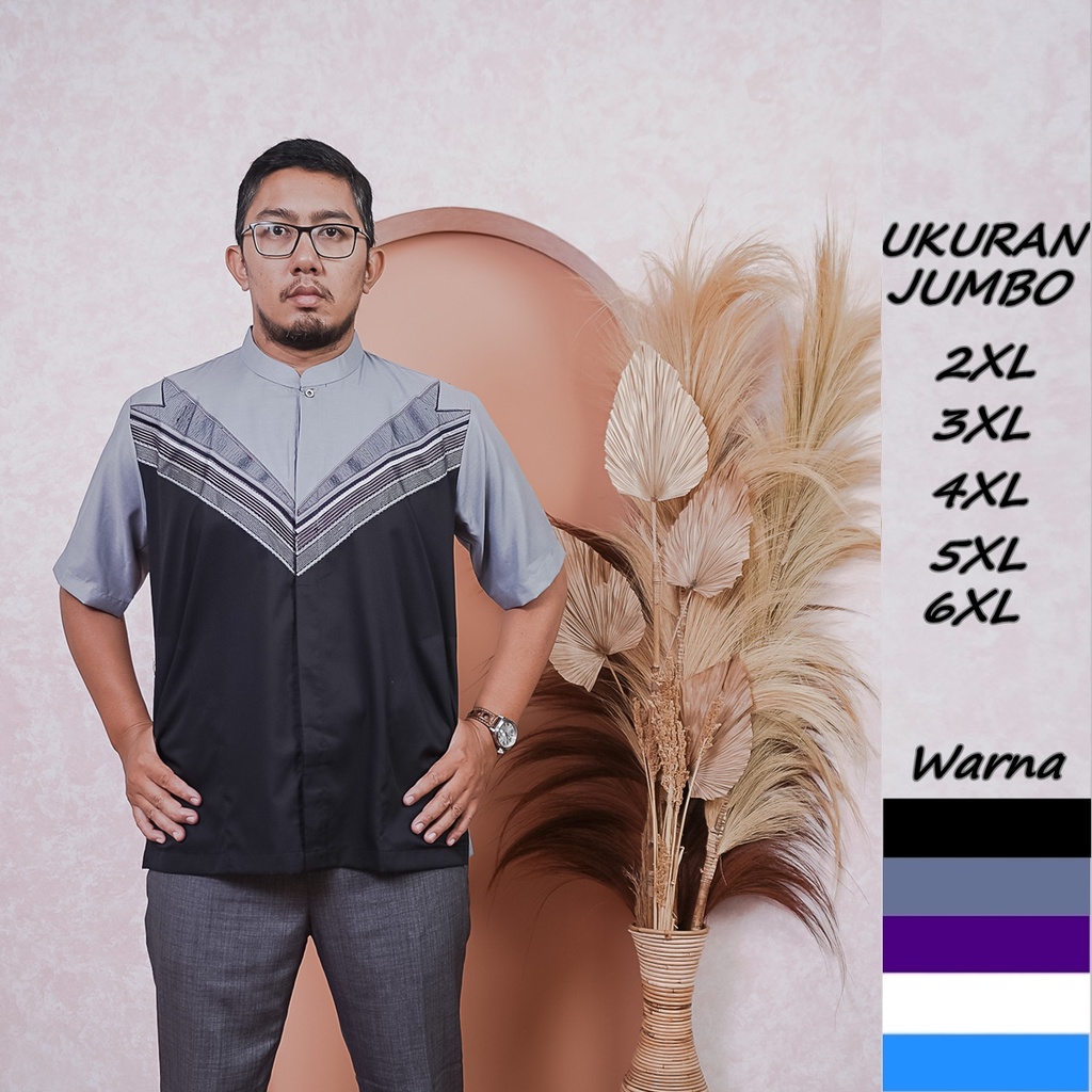 Baju Koko Pria Dewasa JUMBO BIG SIZE Bordir Modern Muslim, Lengan Pendek XXXL XXXXL XXXXXL XXXXXXL