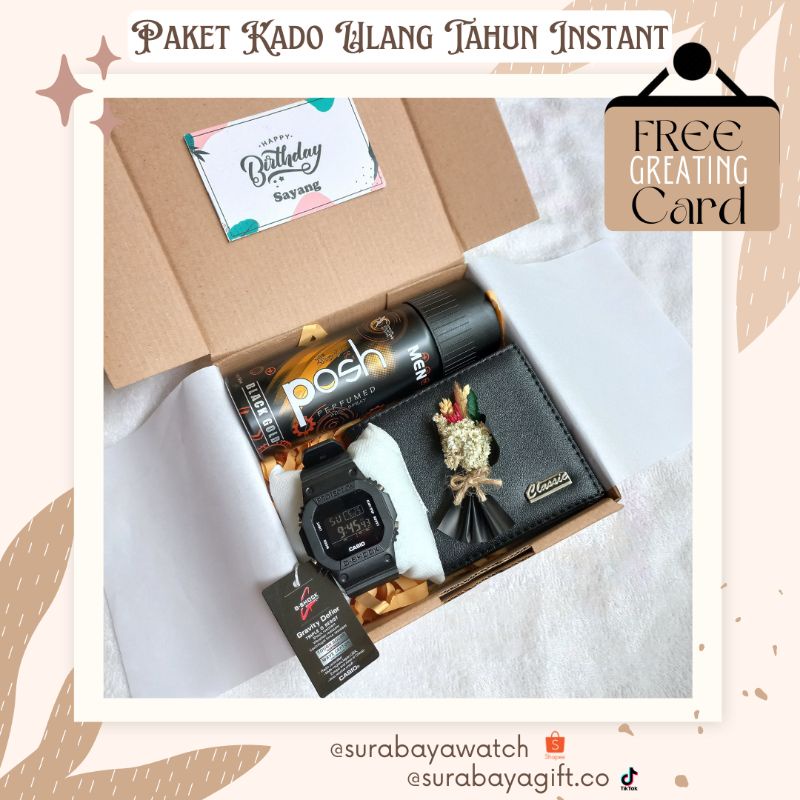 (G-SH0CK GIFT) PAKET HAMPERS ULANG TAHUN COWOK MURAH GIFT BOX ANNIVERSARY jam tangan digital hitam anti air kado wisuda dompet kulit buket bunga mini