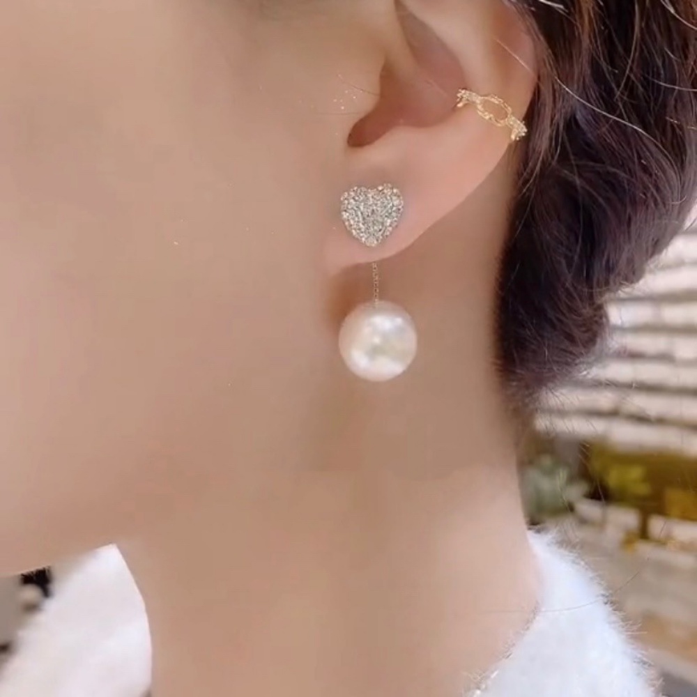 2022 Anting Tusuk Gantung Desain Hati Hias Mutiara + Berlian Gaya Korea / Elegan Untuk Wanita