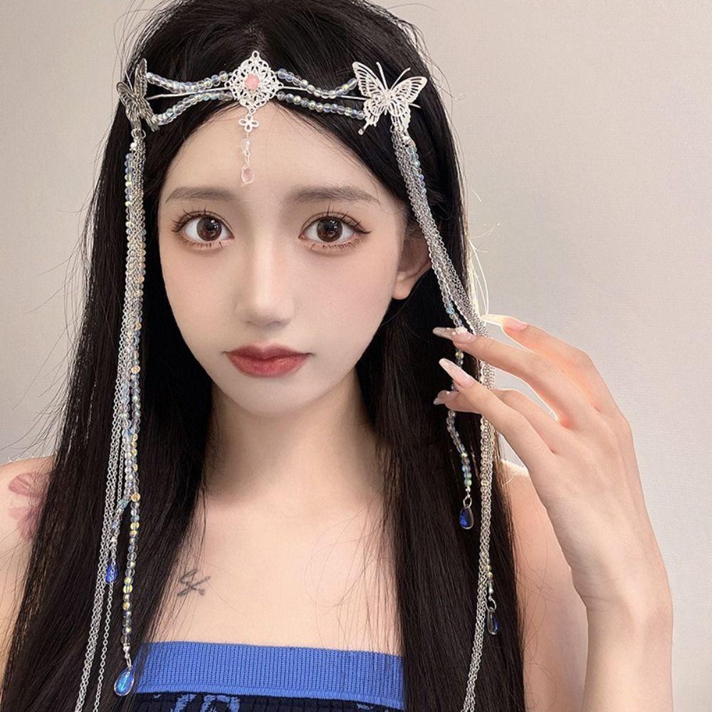 Needway   Kupu-Kupu Rumbai Hiasan Kepala Gadis Peri Festival Cosplay Properti Putri Hanfu Aksesoris Menghadapi Tirai Kerudung