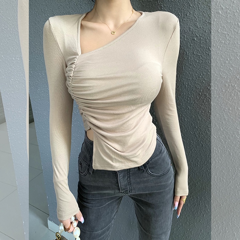 [Premium]French  Sexy V-Neck Asymmetric Hem T-shirts 7294