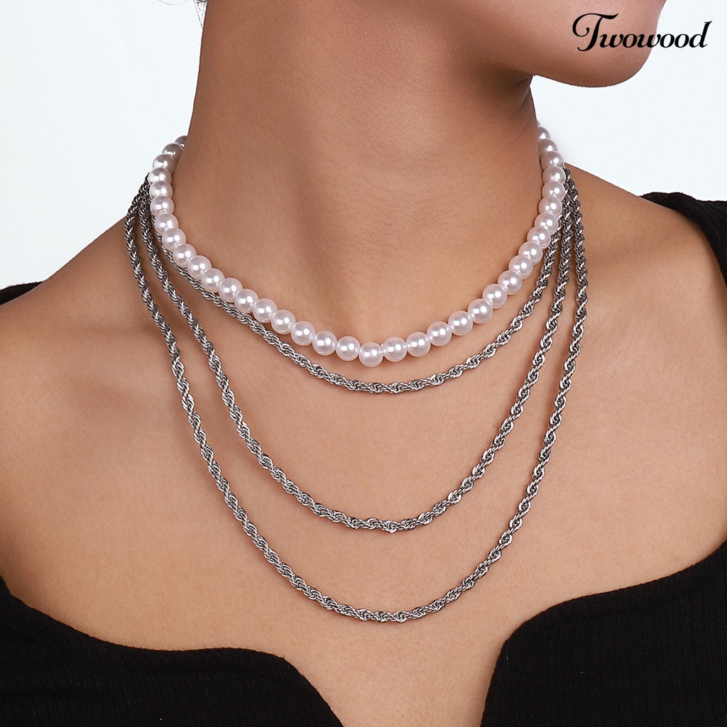 2pcs Kalung Multilayer Aksen Mutiara Imitasi Untuk Wanita