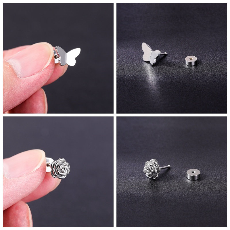 1pc Anting Stud Desain Bunga Mawar Butterfly Flat Bottom Bahan Stainless Steel