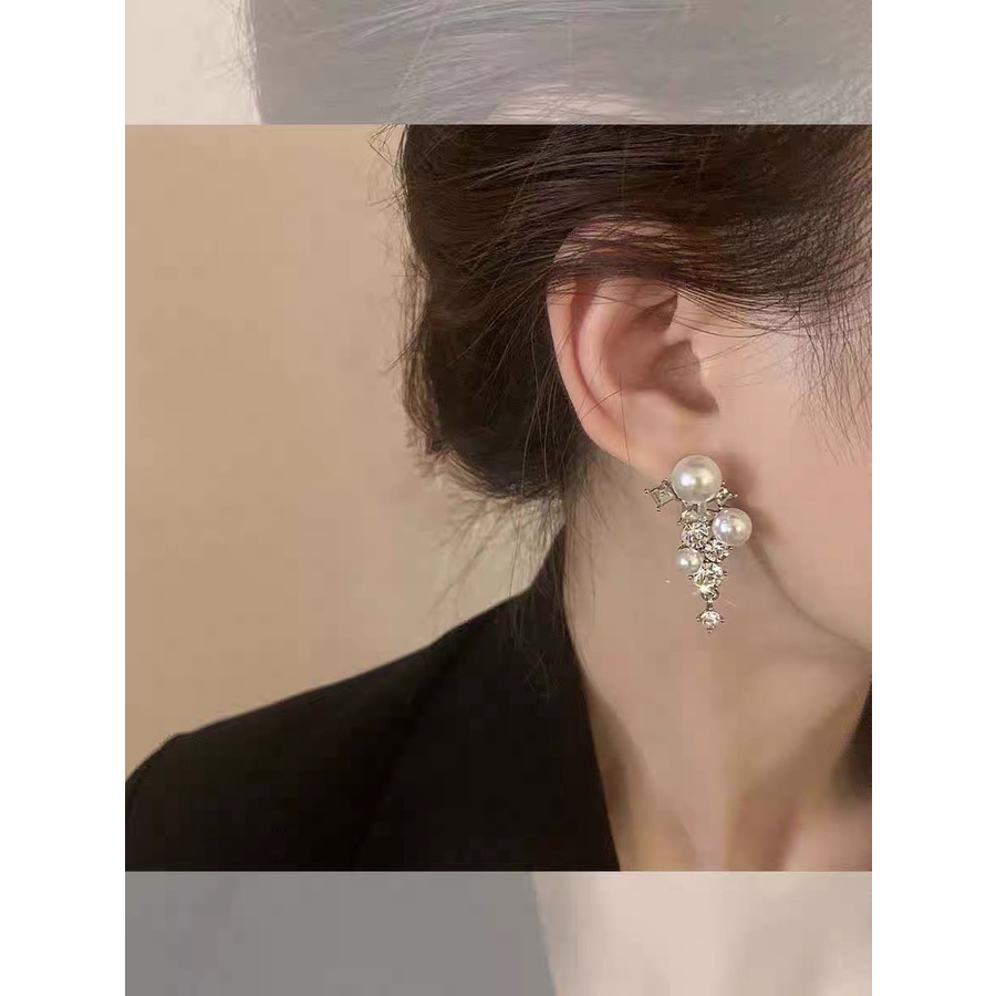 Anting Tusuk Gantung Bahan Sterling Silver 925 Desain Geometri + Mutiara + Berlian Gaya Trendy Untuk Wanita