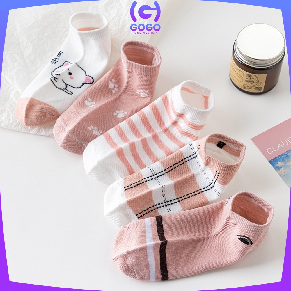 GOGO-P250 Kaos Kaki Wanita Motif Kartun Kucing Lucu Pink Cat Fashion Korea Kaus Kaki Pendek Wanita Ankle Socks