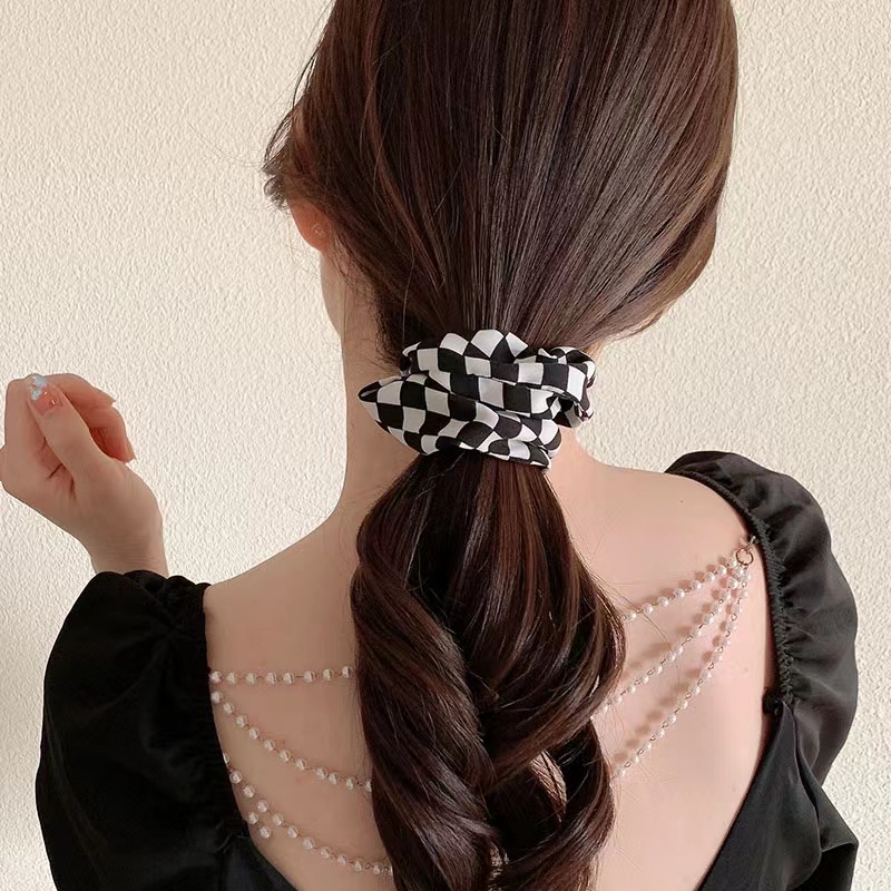 Scrunchie Korean Style Vintage Wanita Motif Kotak-Kotak Fashion Aksesoris Import