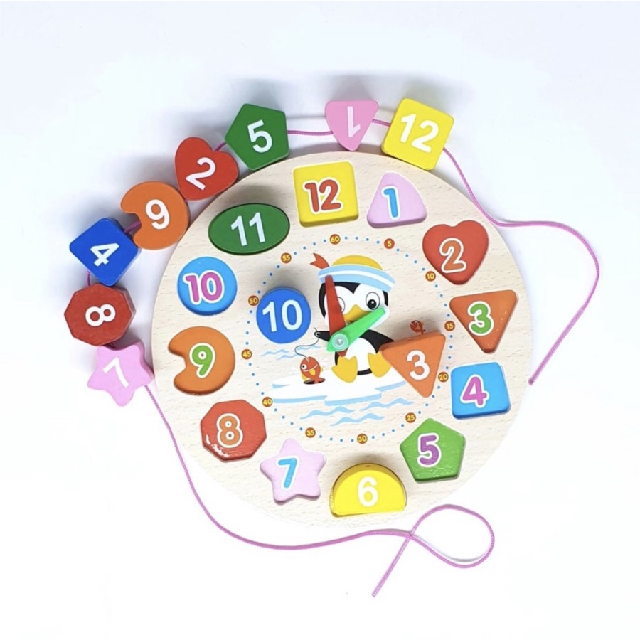 Jam Geometri Puzzle Kayu - Jam Kartun Pinguin Meronce - 3 in 1
