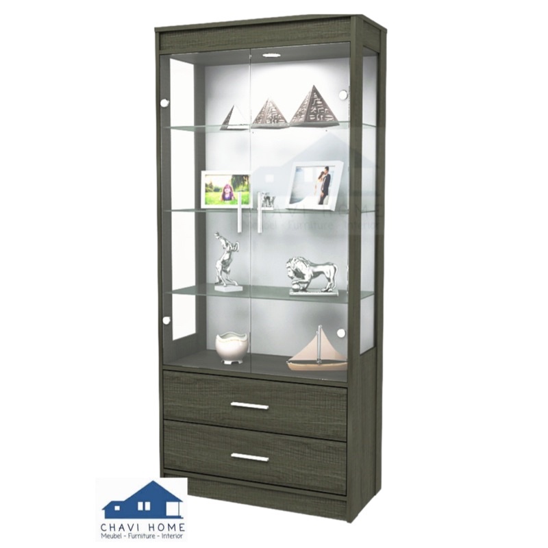 Lemari kaca lemari hias buffet kaca rak hias kaca 2 pintu warna gelap