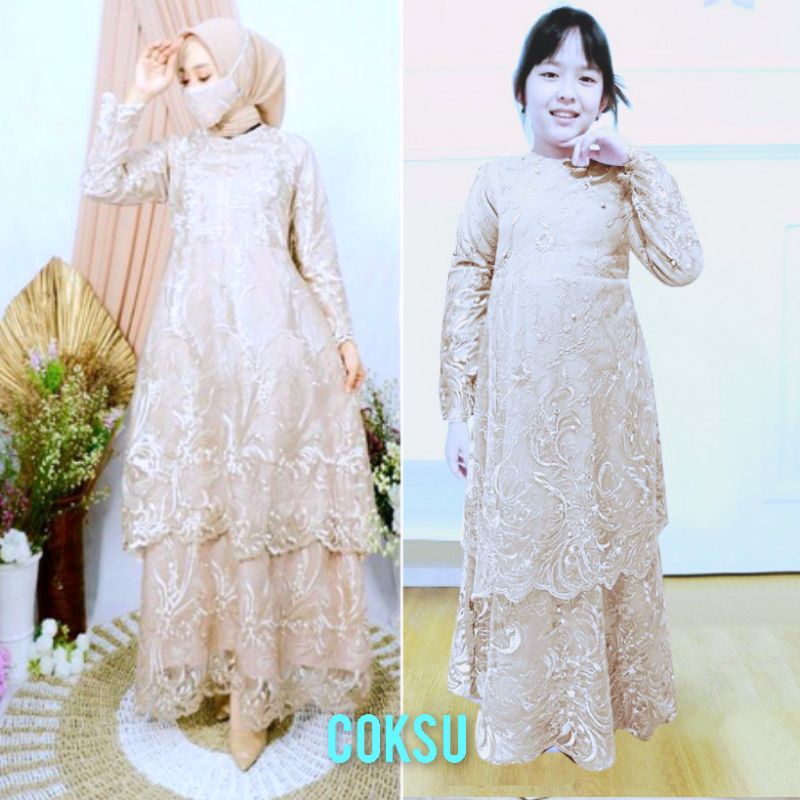 ♤BARU♤ Gamis Fashion Sarah Kid / Dress Brukat Anak Full 2 Tingkat Premiun / Baju Couple Ibu &amp; Anak