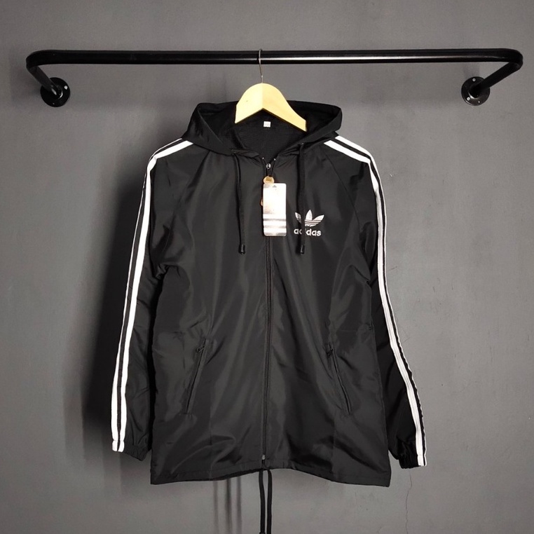 Sjf_Jaket Pria Parasut Adidas Windbteaker Hitam List Putih M-XXL - Jaket Parsut Jumbo - Jaket Olahraga - Trendy Pria Wanita Sauna Joging Murah Pembakar Lemak Running Pelindung Uv Essentials Hoodie Windbreaker