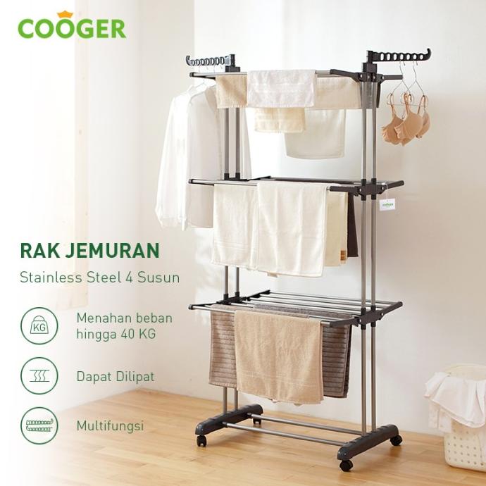 COOGER Rak Jemuran Baju Stainless Steel Rak Jemuran Handuk 4 Susun
