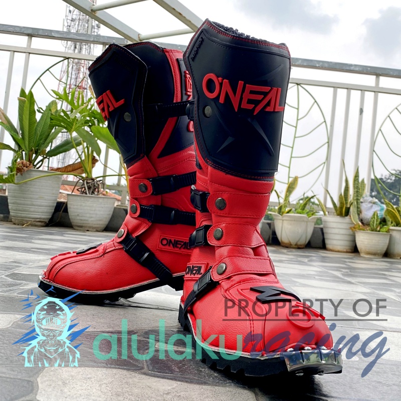 Sepatu Trail Boots with Protector Motocross MX Lokal Premium Best Quality - Black in Red
