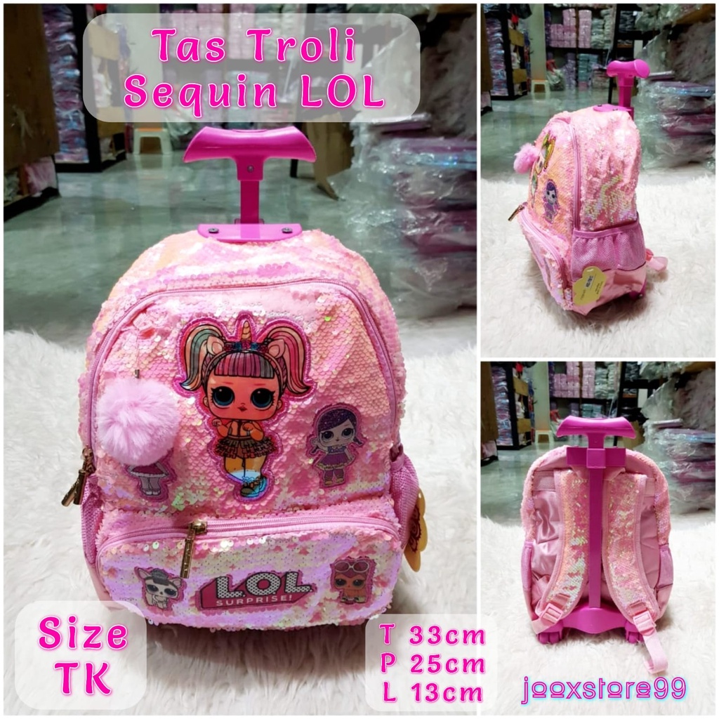 Tas Sekolah Troli Anak SD dan TK Motif Unicorn dan LOL Tas Trolley Dorong Sequin Usap Anak Perempuan Tas import