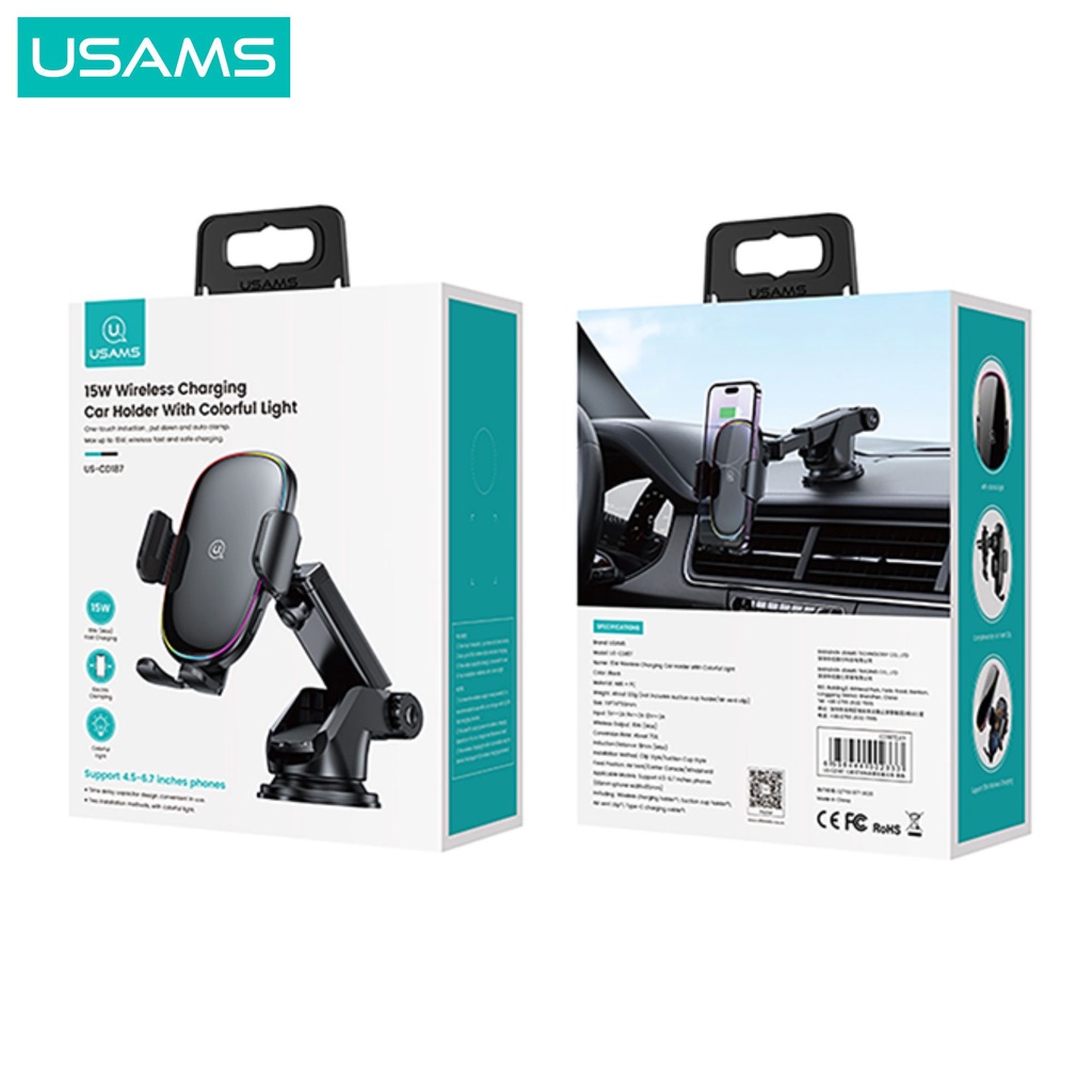 USAMS CD187 Car Holder Wireless Fast Charging 15W With Colorful Light