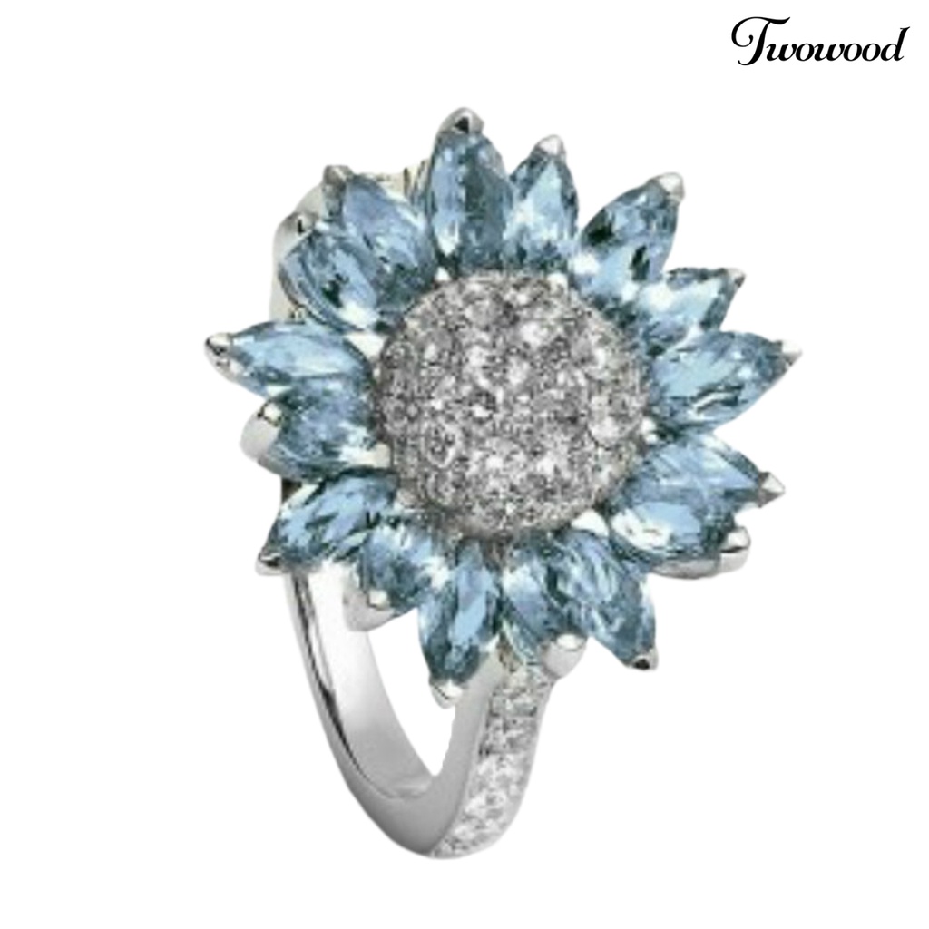 Cincin Wanita Bentuk Bunga Matahari Bahan Cubic Zirconia Warna Putih Aquamarine Untuk Pernikahan