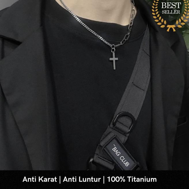 Kalung Salib Pria / Kalung Pria Salib Hitam / Kalung Salib Titanium