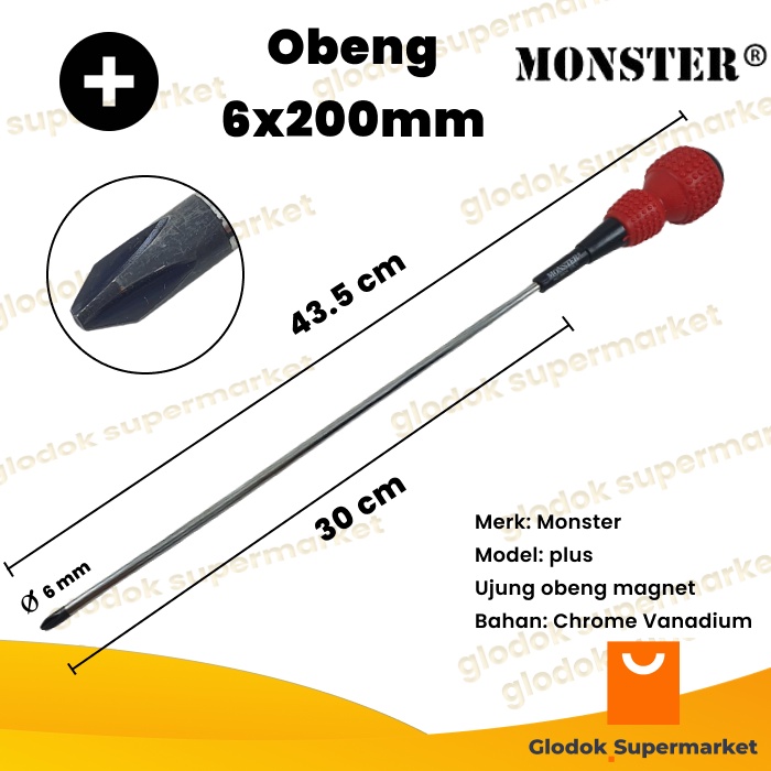 Obeng Plus 12 inch Monster Diameter 6mm Panjang Besi 30cm Gagang Karet Magnet