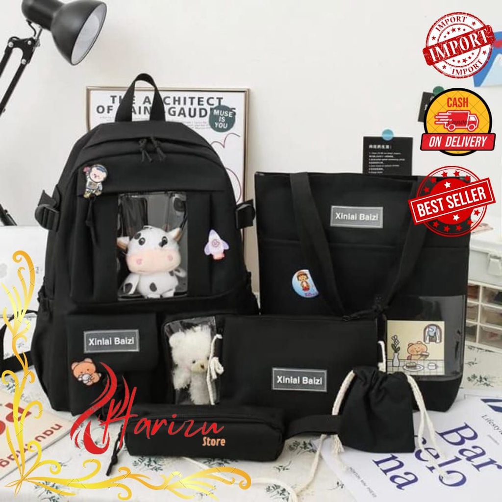 Tas Sekolah Anak Wanita Perempuan SD SMP SMA Tas Ransel Sekolah Wanita Import Tas Set 5 in 1 Selempa