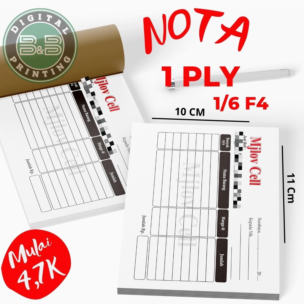 

Cetak Nota Custom Satuan Full Warna 1 PLY Ukuran 1/6 F4/ 10x11 cm 100 Lembar