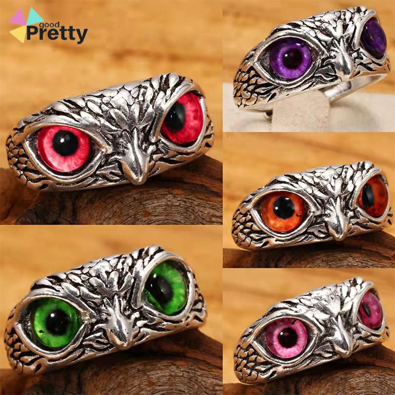 Kristal Vintage Style Burung Hantu Cincin Perak 925 Pria Wanita Punk Crystal Rings Adjustable Size - PD