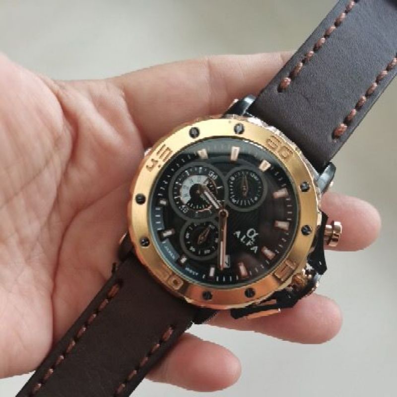 Alfa Cronograp 33019 Jam Tangan Kasual pria Murah Tali Kulit Anti Air Quartz Original