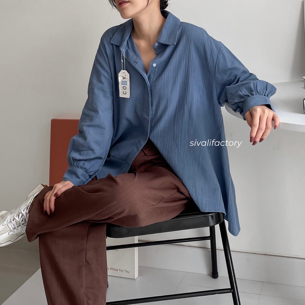 SIVALI Loryn Top 9901 | Kemeja Oversize Linen Wanita - Linen Crinkle Shirt - Atasan Wanita Lengan Panjang