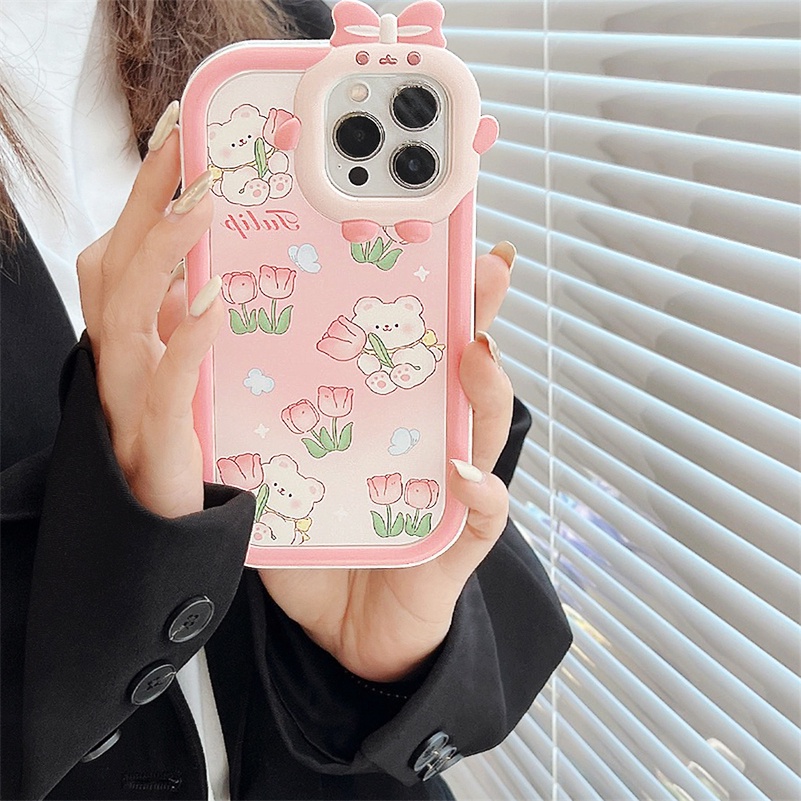 Soft Case Silikon Motif Beruang / Bunga Pink Untuk iPhone 14 13 12 11 Pro Max X Xr Xs Max 7 8 6 6s Plus