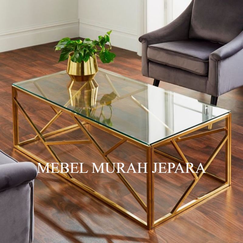 MEBEL MEJA TAMU RANGKA STANLESS STEEL TOP KACA - MEJA RUANG TAMU MINIMALIS MURAH
