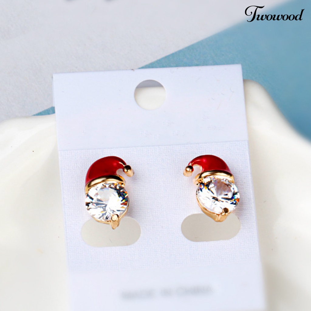 1 Pasang Anting Stud Cubic Zirconia Bentuk Topi Natal Warna Merah Untuk Wanita