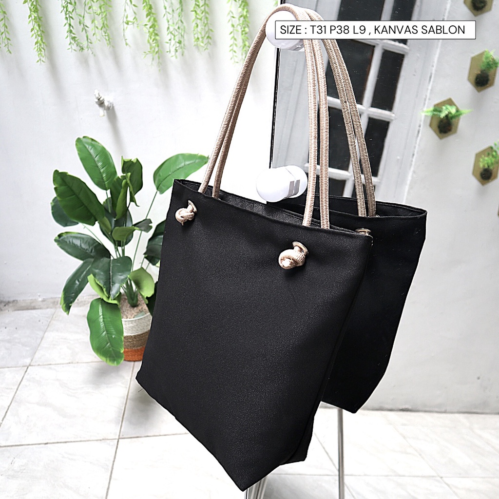Tas tote Totebag hitam Wanita Kanvas warna gelap sablon gambar motif tali sumbu tambang murah semarang bisa COD