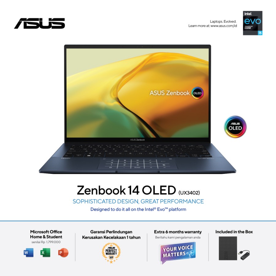 ASUS ZENBOOK 14 OLED UX3402ZA - i5-1240P - 16GB - 512GB SSD - 14” 2.8K OLED TOUCHSCREEN - WIN11 - OHS