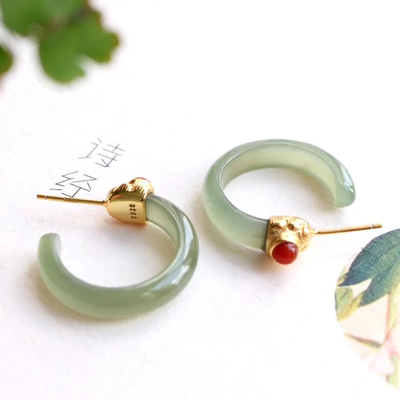 Fancyqube Anting Batu Giok Putih 18K Gold Untuk Wanita