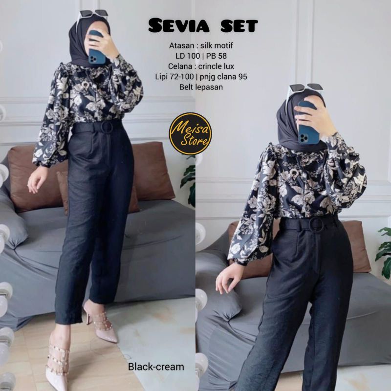 SEVIA SET SETELAN WANITA ATASAN BLOUSE CELANA WANITA BAHAN SILK CRINCLE