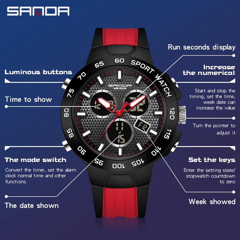 SANDA 3112 Jam Tangan Pria Digital Analog Tali Silicone Chronograph Anti Air WATCHKITE WKOS