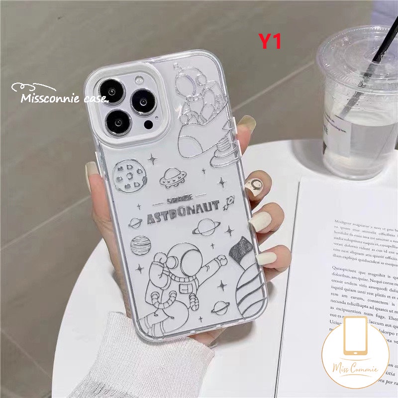 3 in 1 Soft Case Transparan Motif Kartun Astronot Luar Angkasa Untuk IPhone 11 Pro Max 7Plus 8Plus 12 14 13 Pro Max XR 14 Plus 7 8 Plus X XS Max SE 2020