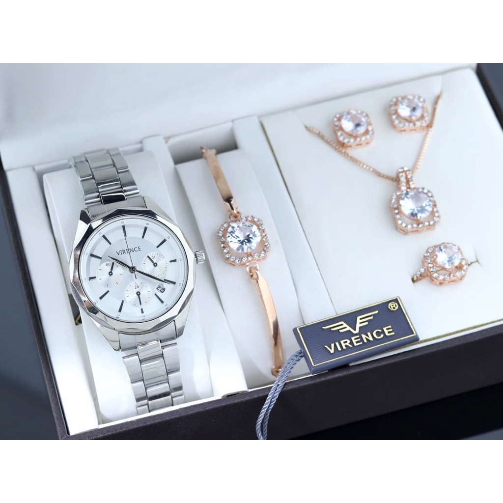 Jam tangan Wanita Original VIRENCE Strap Rantai V3003RT Full Set Original Water Resistance