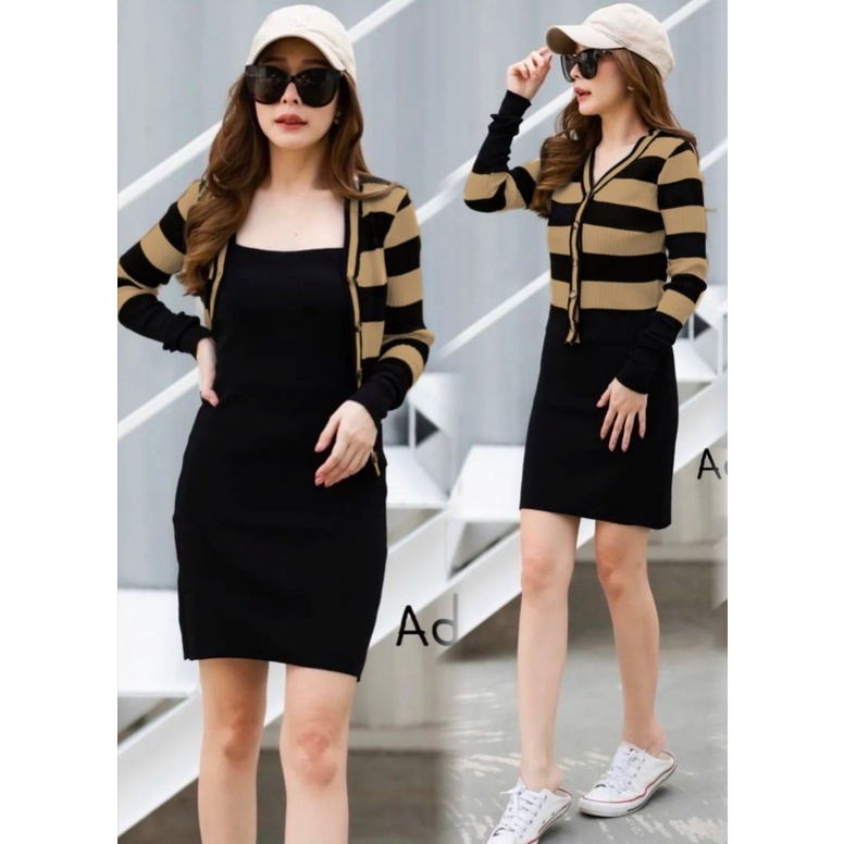 Dress Hhalayy + Cardi - Casual Dress Wanita - Mini Dress Terbaru - Dress Rajut Perempuan