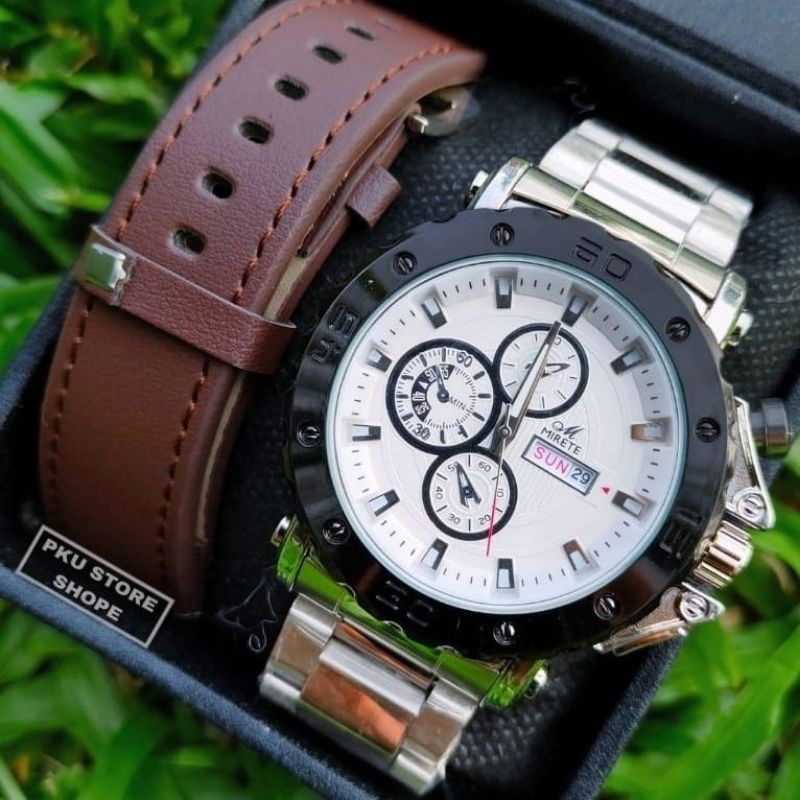 Jam Tangan Pria Mirete Original | Water Resistance | Tanggal Aktif Dua Tali Rantai Stainlees steel