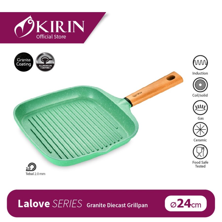 Kirin Lalove Series Wajan Anti Lengket Granite Square Grill Pan 24 CM Grillpan 24CM Wood Handle