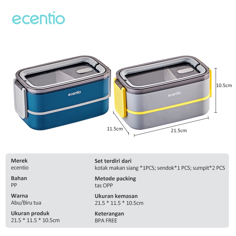 ecentio &amp; FOODI kotak makan Anti tumpah 2 susun 1600ml tempat makan anak sekolah/lunch box tepak bekal makan 2 susun portabel oval besar biru/free sendok