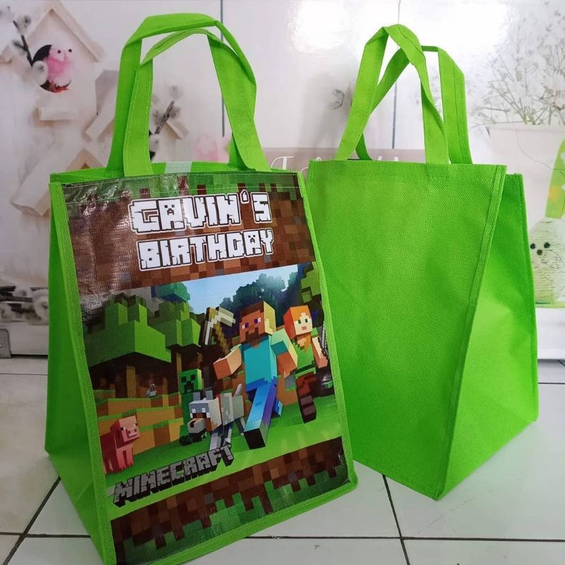 

tas souvenir ultah minecraft/tas ultah custom muat box nasi 20x20 cm