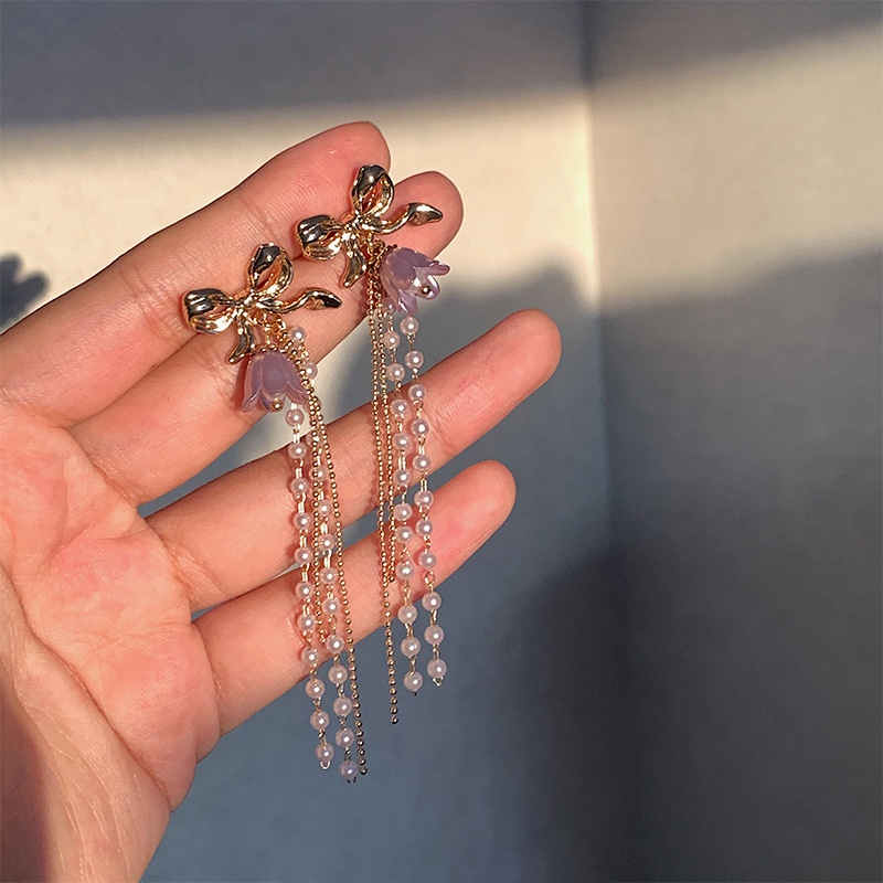 Anting Tusuk Gantung Desain Bunga Lavenderlilili Hias Mutiara Gaya Koreamewahelegan Untuk Wanita