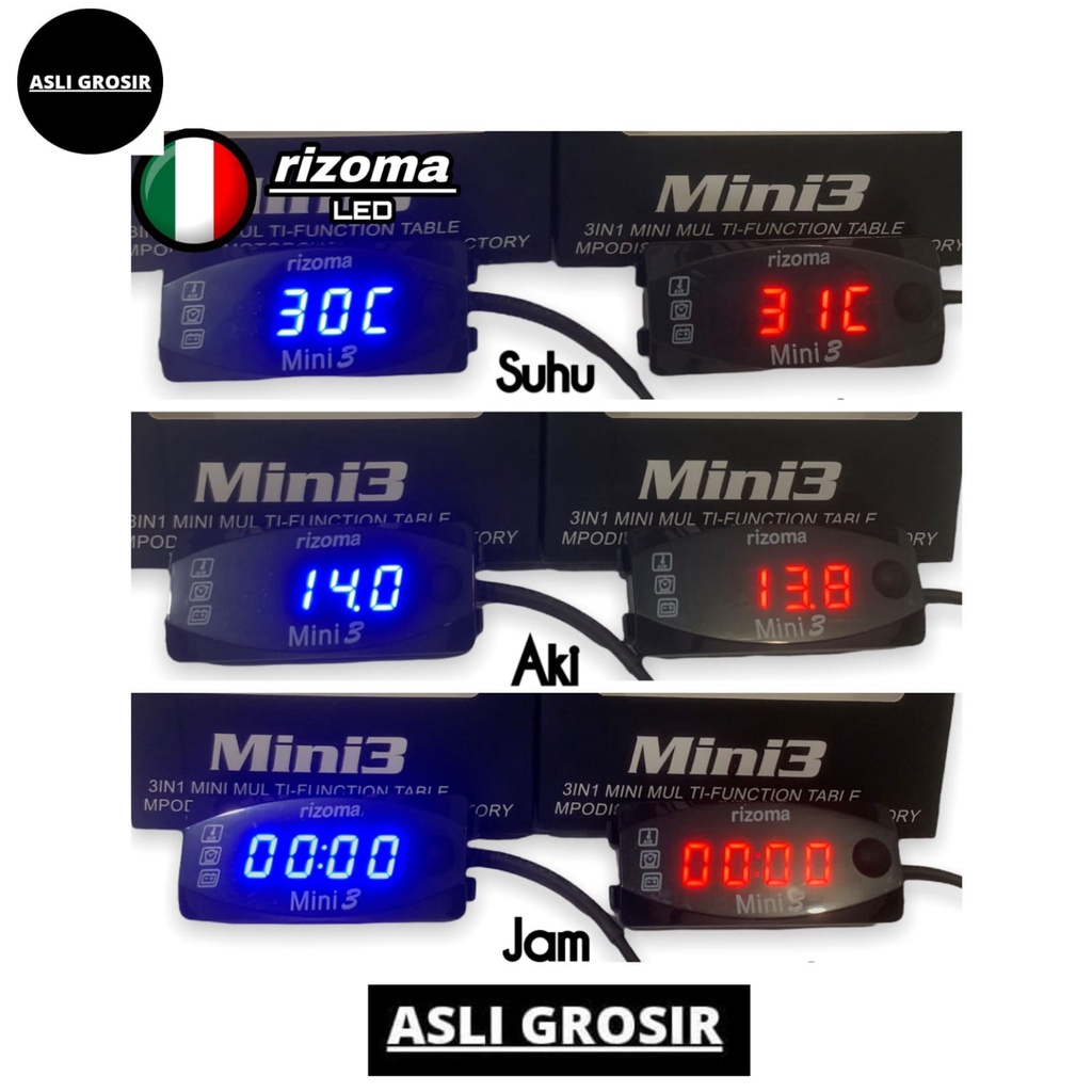 VOLTMETER AKI RIZOMA 3IN1 VOLT METER DIGITAL SUHU DAN JAM UNIVERSAL BISA SEMUA MOTOR