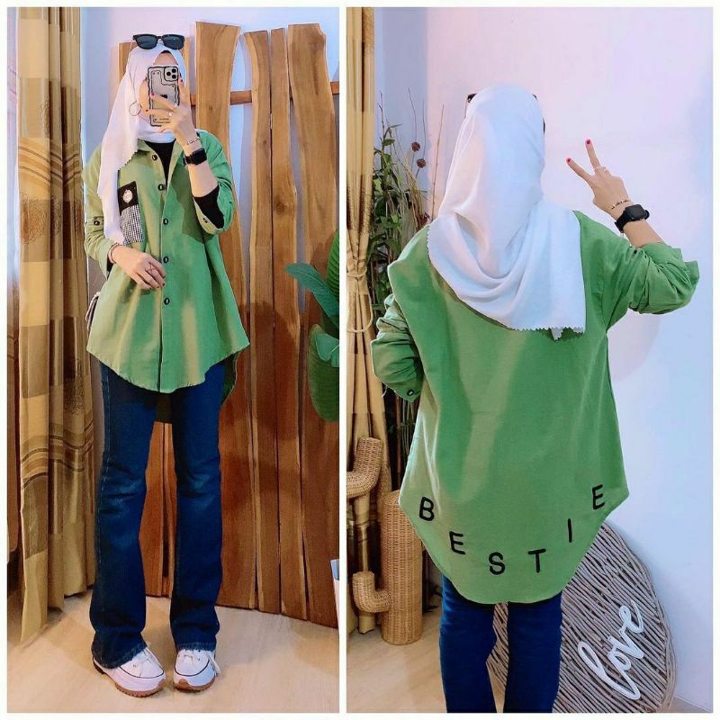 Kemeja Bestie, KEMEJA WANITA CANTIK MODIS FIT XXL LD 110 BAHAN LINEN IMPORT MIX BORDIR TERMURAH OOTD