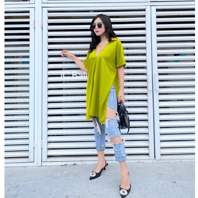 GLOSIR LONG SQUARE V NECK TOP ATASAN BLOUSE WANITA AIRFLOW KRINGKLE