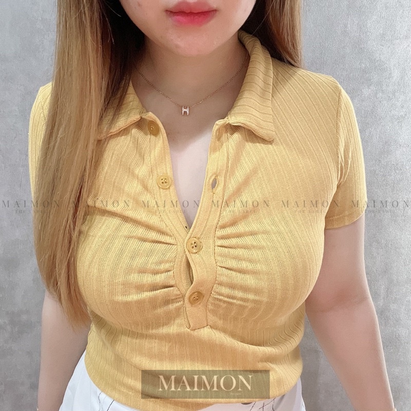 Button Polo Top V-Neck Knit Blouse | Kaos Basic Polo Atasan Wanita | Maimon Grosir