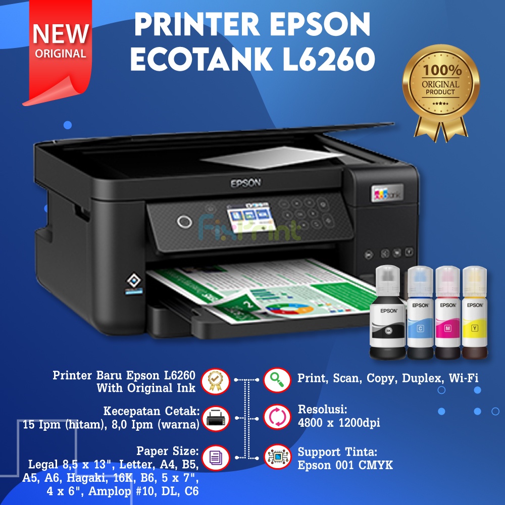 BUNDLING Printer Epson EcoTank L6260 A4 Wi-Fi Duplex All-In-One Print, Scan, Copy, Duplex, Wi-Fi Direct Borderless New With Original Ink